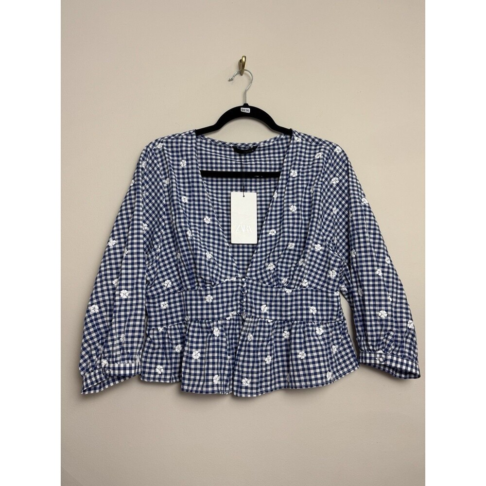 Zara Navy and White Gingham Peplum Blouse